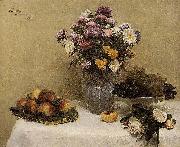 Henri Fantin-Latour White Roses, Chrysanthemums in a Vase, Peaches and Grapes on a Table with a White Tablecloth oil painting artist